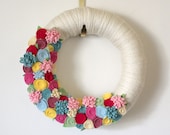 Pastel Flower Wreath, Spring Wreath, Pink, Yellow, Blue and Green Yarn and Felt Wreath, Large 14 inch size - MADE TO ORDER
