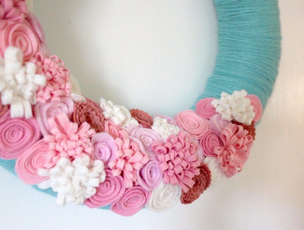 Aqua Pink Wreath, Coral and Turquoise Yarn and Felt Flower Wreath, 14 inch size - MADE TO ORDER