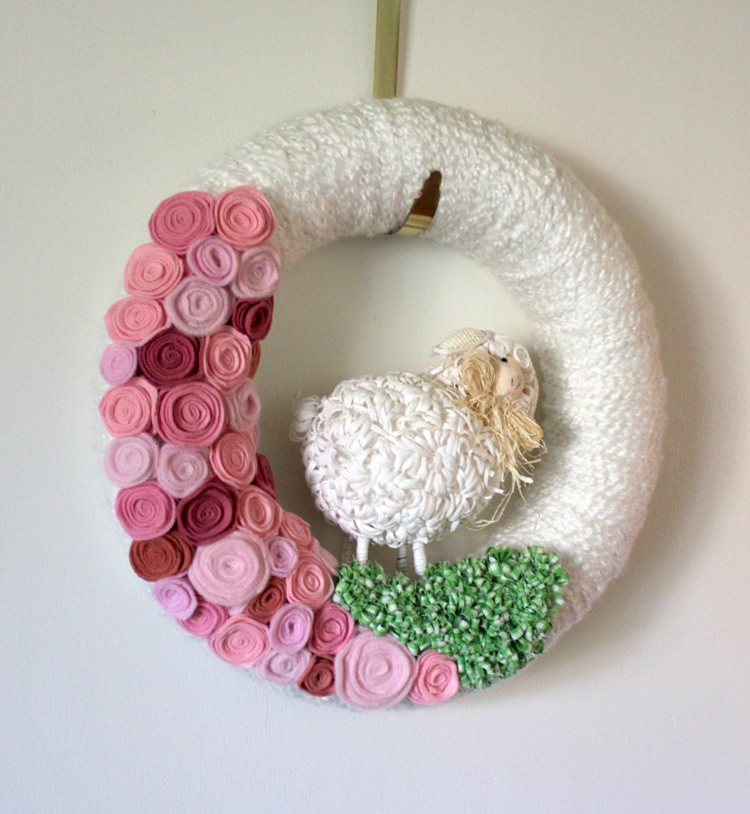 Nursery Lamb Wreath, Pink and White, 14 inch size - MADE TO ORDER