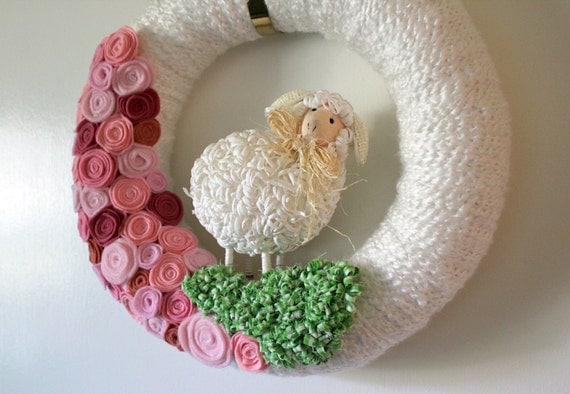 Nursery Lamb Wreath, Pink and White, 14 inch size - MADE TO ORDER
