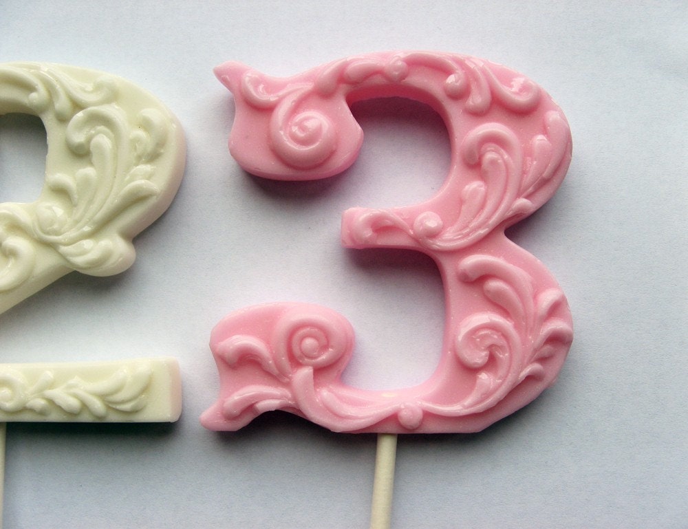 3" fancy filigree number hard candy lollipops use for wedding escort cards
