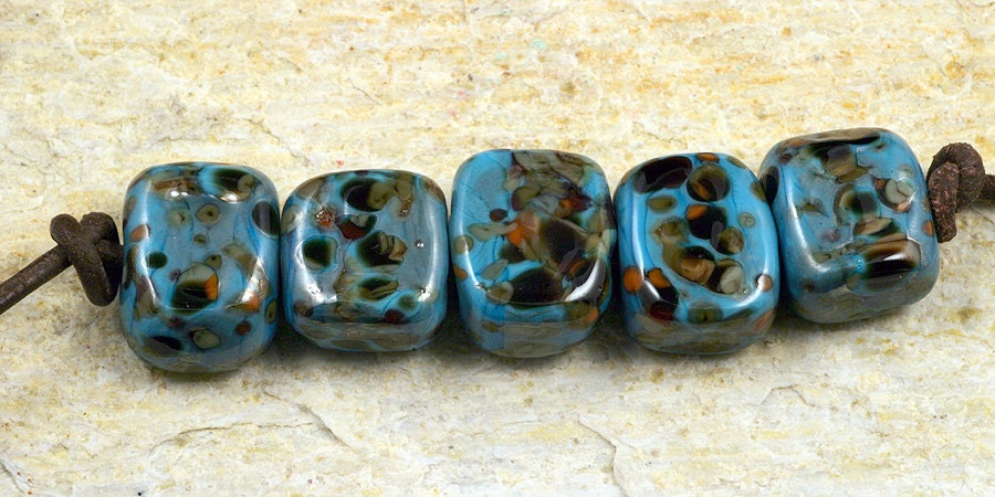 Chunky Tortoise Shell in Blue Block Lampwork Beads by Pink Beach Studios - SRA