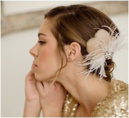 Bridal Feather headpiece, gold feather fascinator, bridal hair piece, vintage, wedding headpiece, Fern Ships in 1 Month