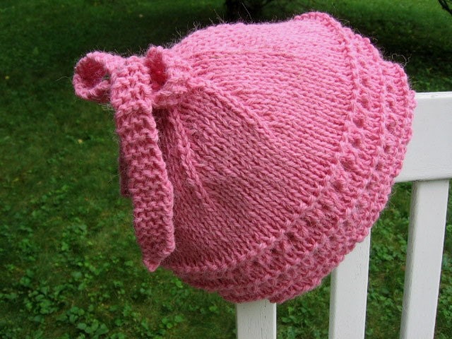 Bow Top Beanie Hat Meggie's Pink Alpaca and Wool Eyelet Lace from The Knitted Garden Adult Size Ready to Ship