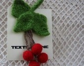 Fiber Jewelry Felted Wool Red Cherries Retro Look Pin Brooch by Textilesone Hand Knit Ready to Ship