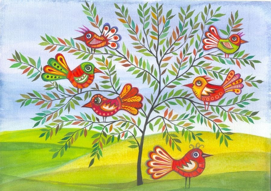 Tree of Life - original watercolor painting / gouache painting -- landscape- illustration- birds- wall decor - home decor Fine Art -