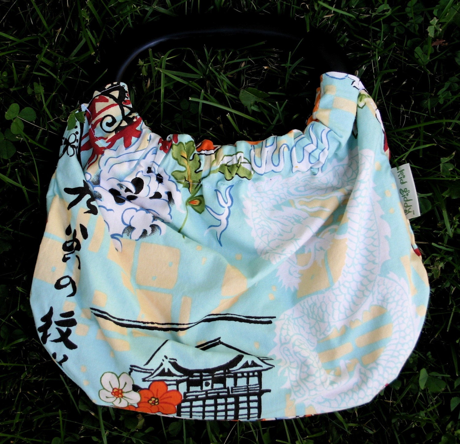 OOAK Handbag w/ Oval Wooden Handle Asian Print Fabric w/ Orange Polka Dot Lining by Kid Giddy