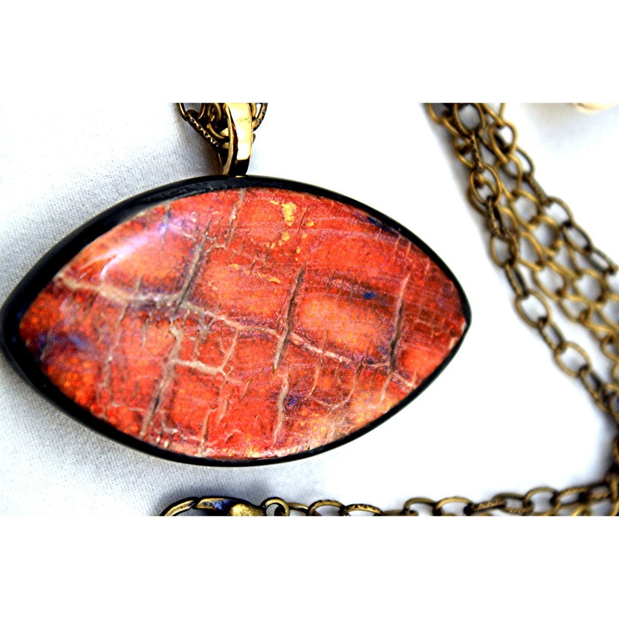Polymer clay necklace, women's jewelry, polymer pendant, leather look polymer, red, antique bras chain