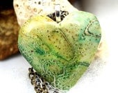 Polymer clay heart shape pendant, double chain necklace, blue, green, gold leaf, rocky path, gift giving, birthday gift, mother's day gift