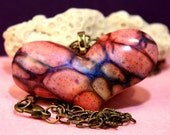Polymer clay heart necklace, rocky path design, beautiful pink, purple and gold leaf