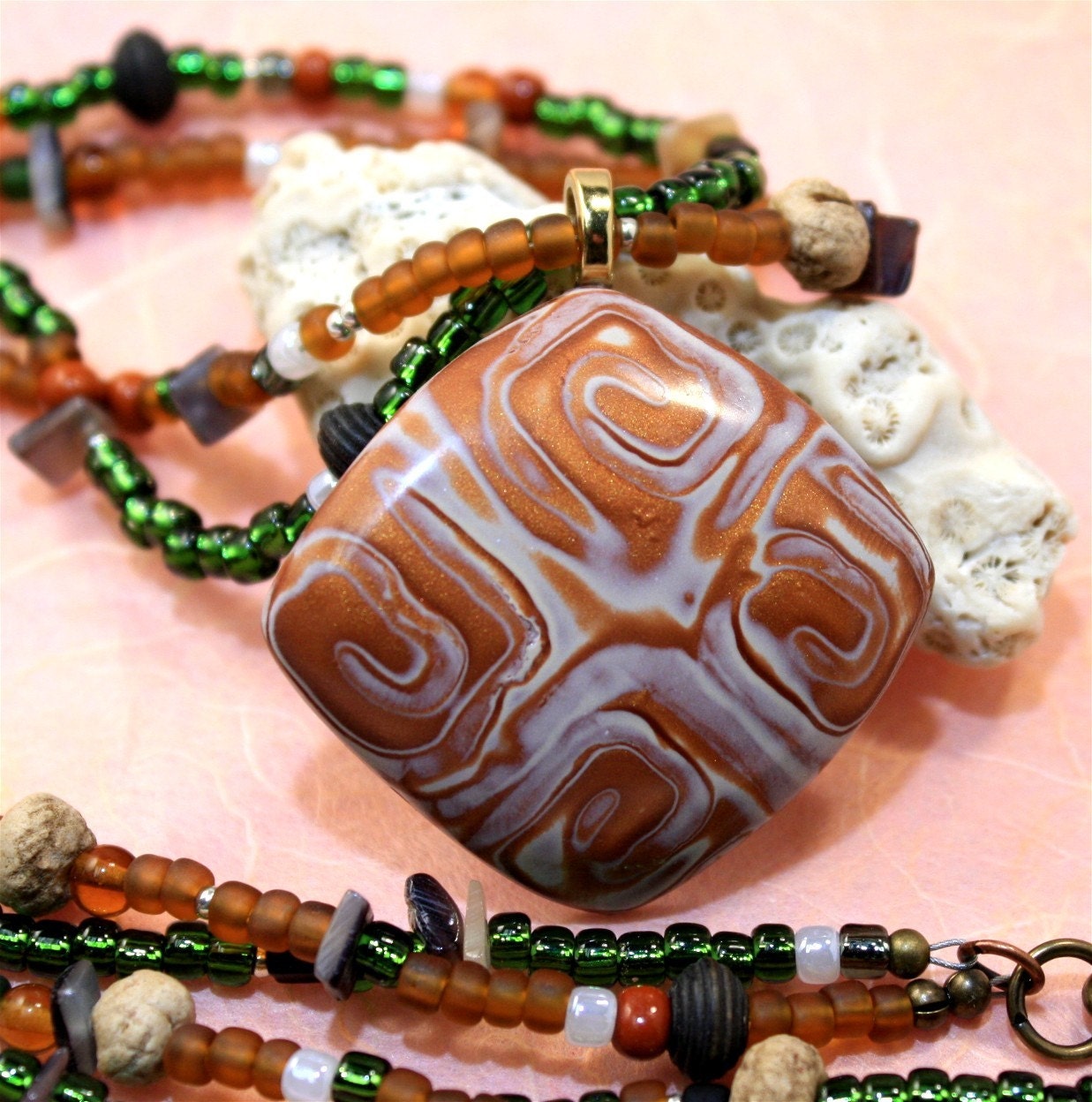 Beaded necklace, Polymer clay OOAk pendant  double strand beaded necklace