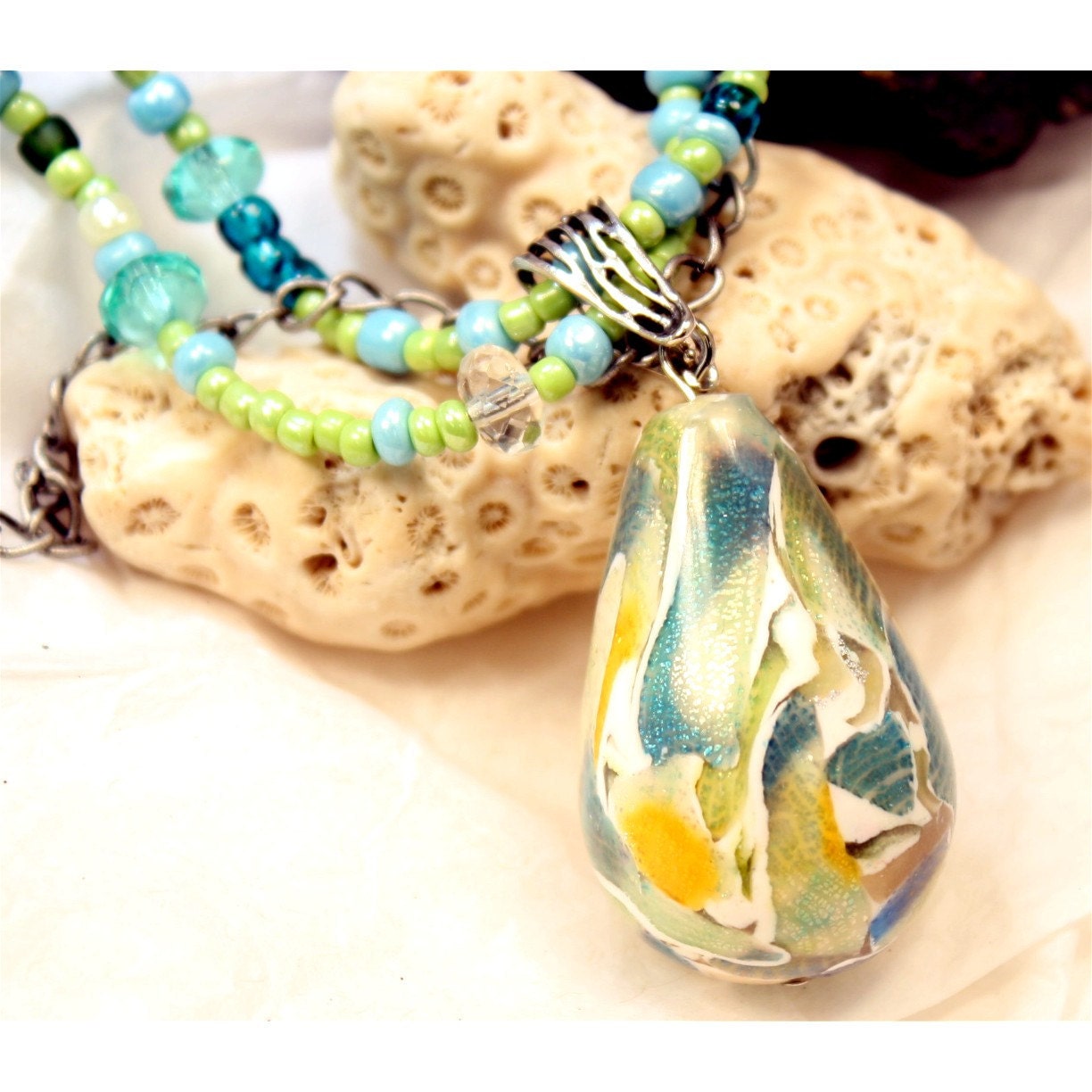 Beaded necklace, polymer clay pendant, jumbo sterling silver bail, OOAK design multi strand necklace