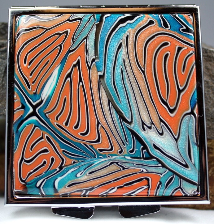 Pocket Mirror / Polymer clay covered Compact mirror, square, OOAK brain cane