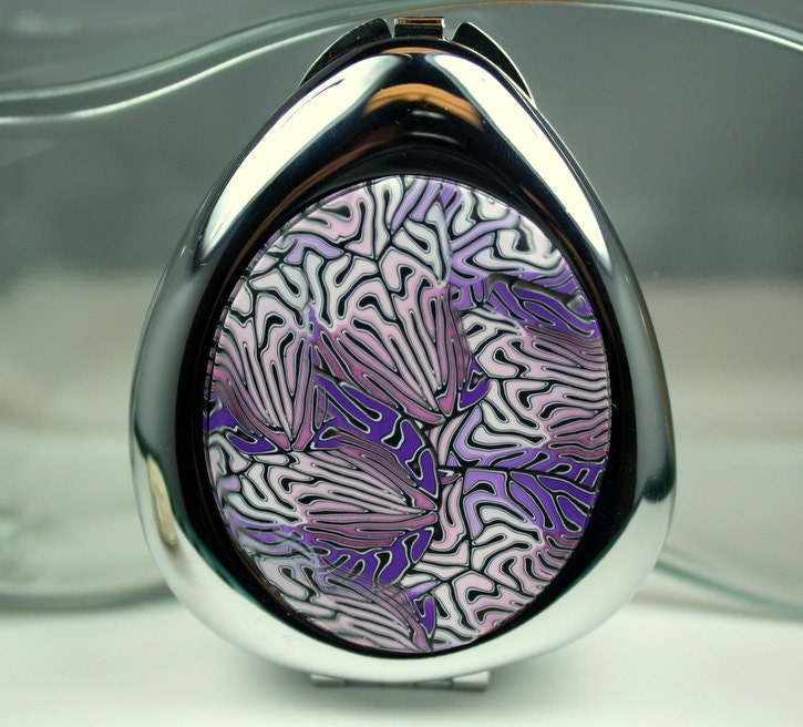 Polymer clay covered pill box, three item pill case, purple, pink and white brain cane