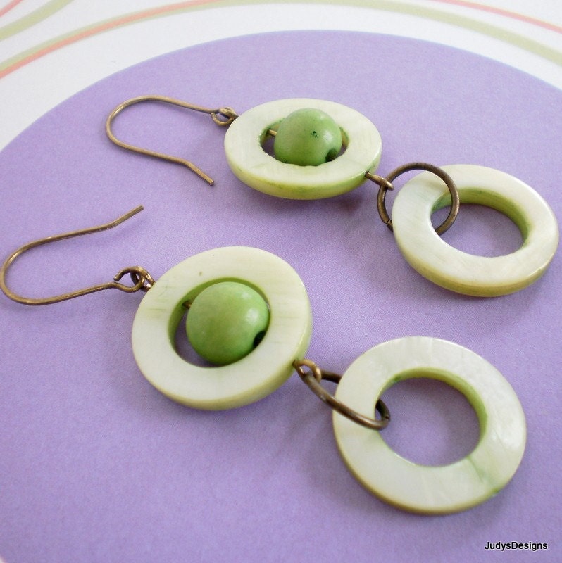 Green organic  acai bead and mother of pearl earrings