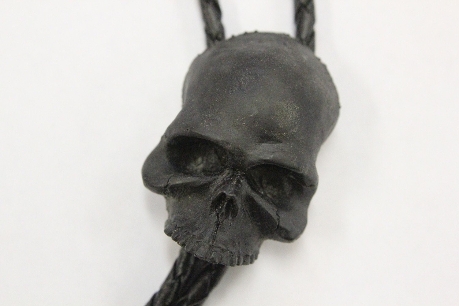 Cowboy Goth Onyx Black Human Skull Bolo Tie Necklace - Genuine Leather