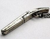 Shot Gun Necklace - Double Barrel Sawed Off Shotgun Pendant in Solid White Bronze with Sterling Overlay Cut Down Shotgun