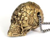 Sugar Skull Necklace Burnished Brass Sugar Skull Pendant Necklace on 32" Gunmetal Chain- An Exclusive of Moon Raven Designs