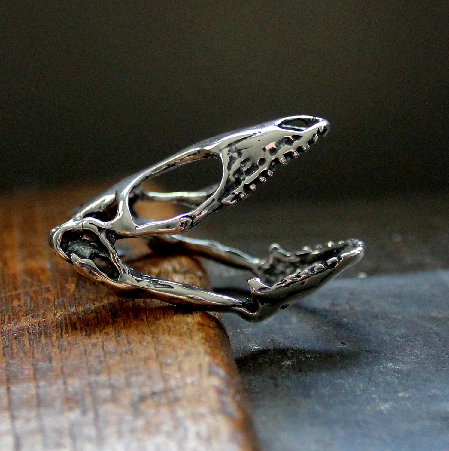Lizard Skull Ring - Solid Sterling Silver Skink with Adjustable Jaw Band