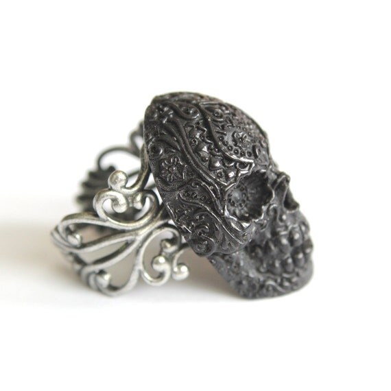 Onyx Sugar Skull Cocktail Ring