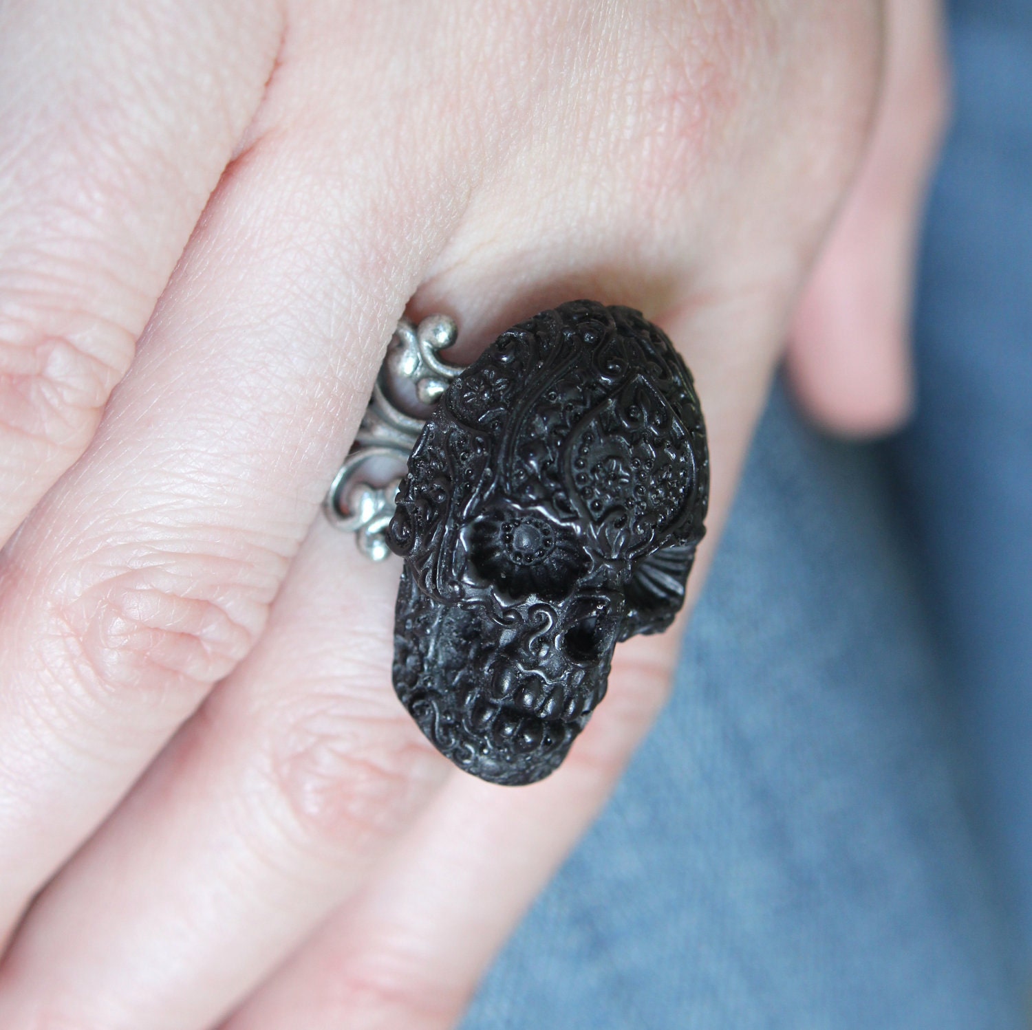 Onyx Sugar Skull Cocktail Ring