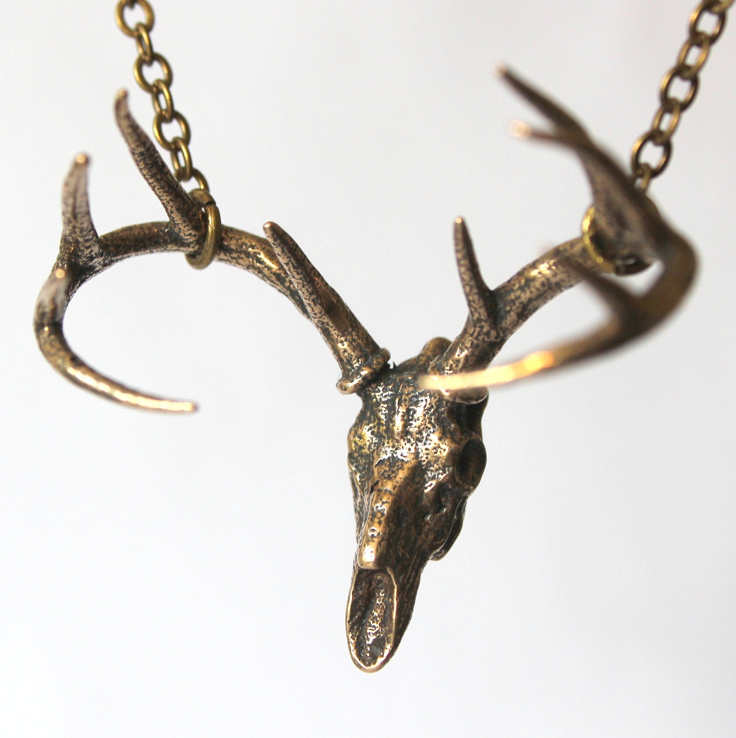 Trophy Deer Skull Pendant Necklace in Solid Bronze - Antler