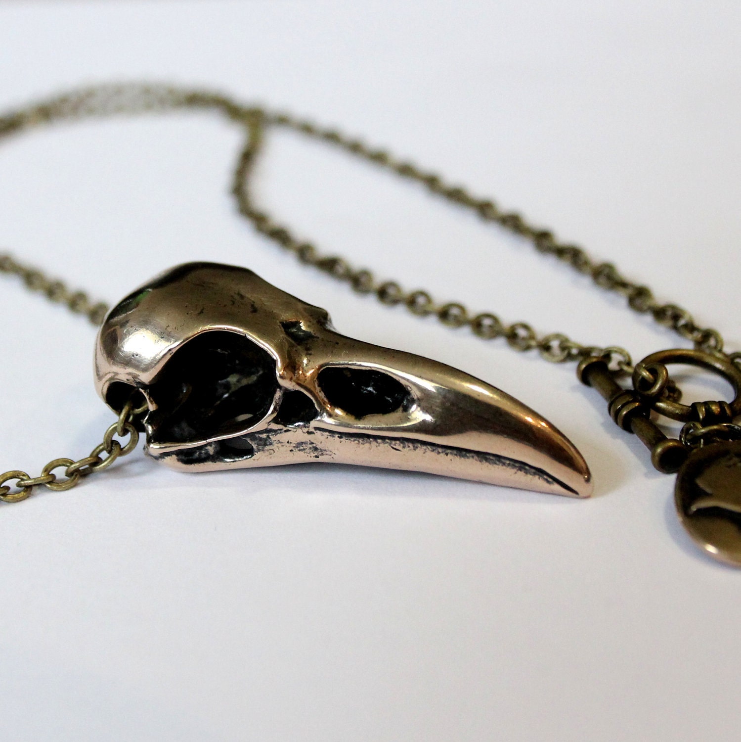 Raven Skull Bird Skull Pendant Necklace in Jewelers Grade Bronze