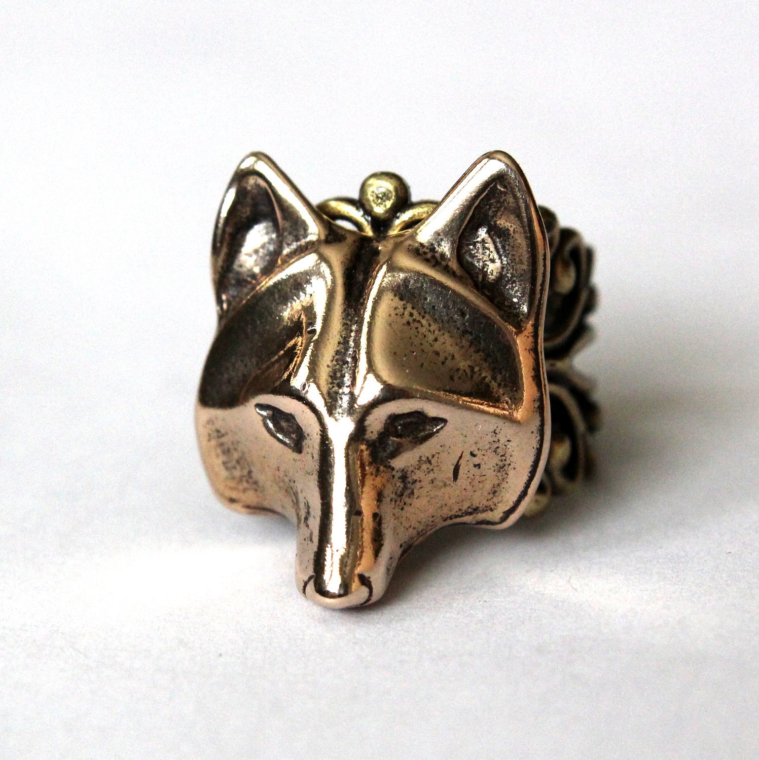 Golden Wolf Mask Ring Adjustable Filigree In Bronze