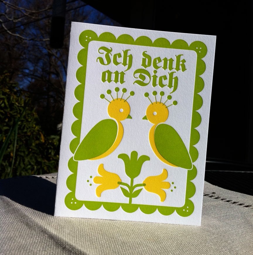 Letterpress German Thinking of You Greeting Card- Green and Yellow