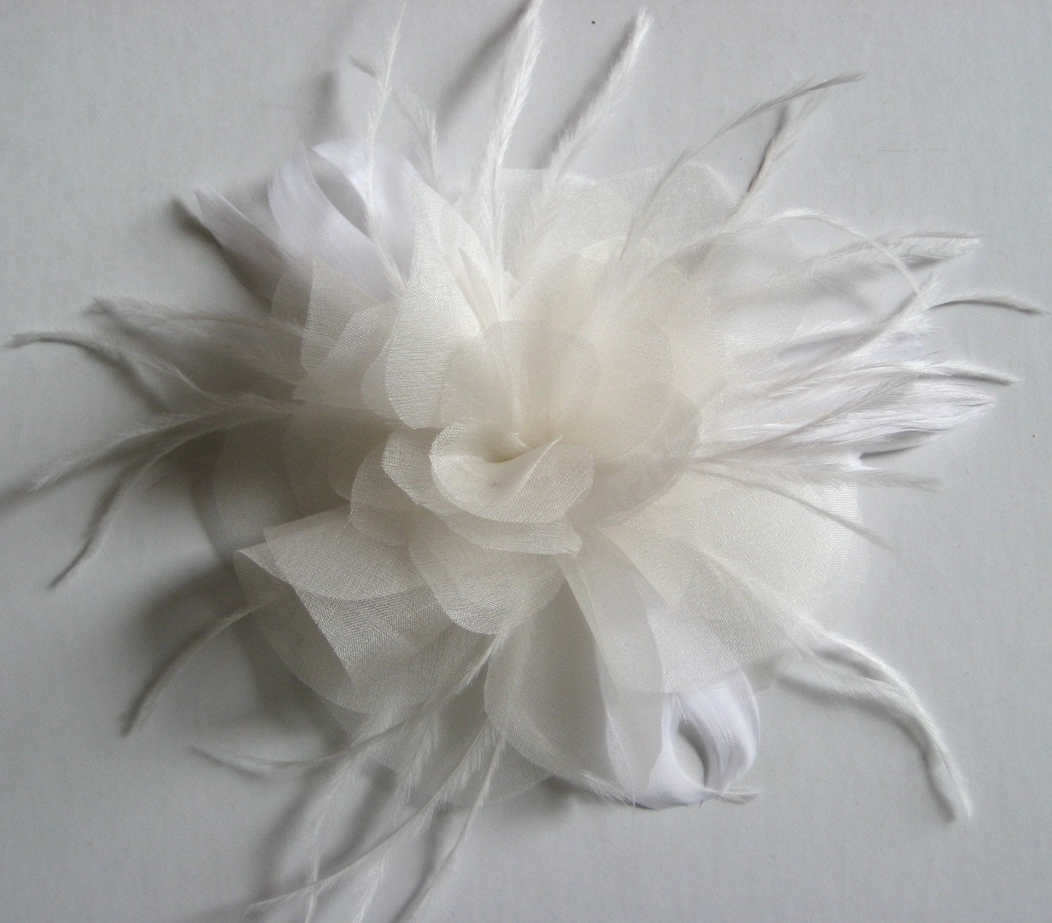 Ivory or diamond white organza flower with feathers - QUINCY no.23