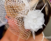 Diamond white bridal flower with feathers and rhinestones - CHICAGO no.64