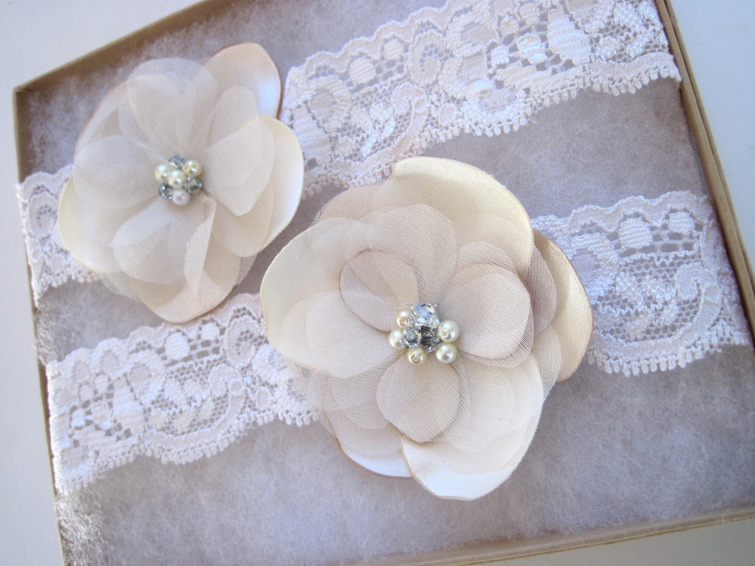 Champagne and Ivory Garter set with rhinestones and pearls