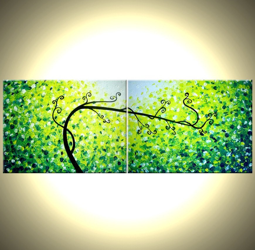 22% Off Original Tree Painting, Large Abstract Trees, Contemporary Fine Art, Green Yellow Landscape Lafferty 18x48