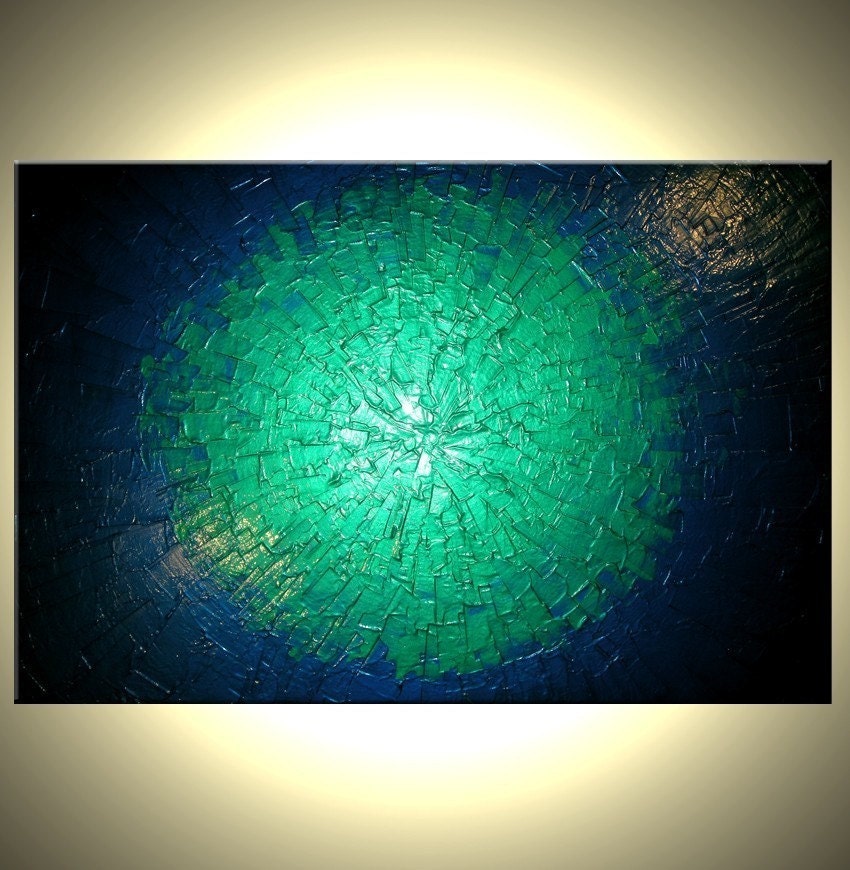 Metallic Blue Painting, Abstract Green Textured Painting, Original Palette Knife Art, By Lafferty - 36x24 Sale 22% Off