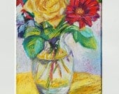 Floral Still Life Painting, Original Oil Pastel,  8 x 10 Yellow Roses, Flowers, Vase Bouquet