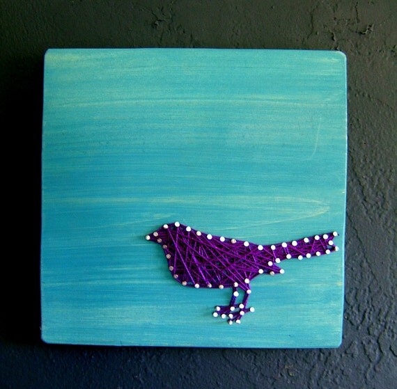 Modern String Art Wooden Tablet - Purple Bird on Teal Wash