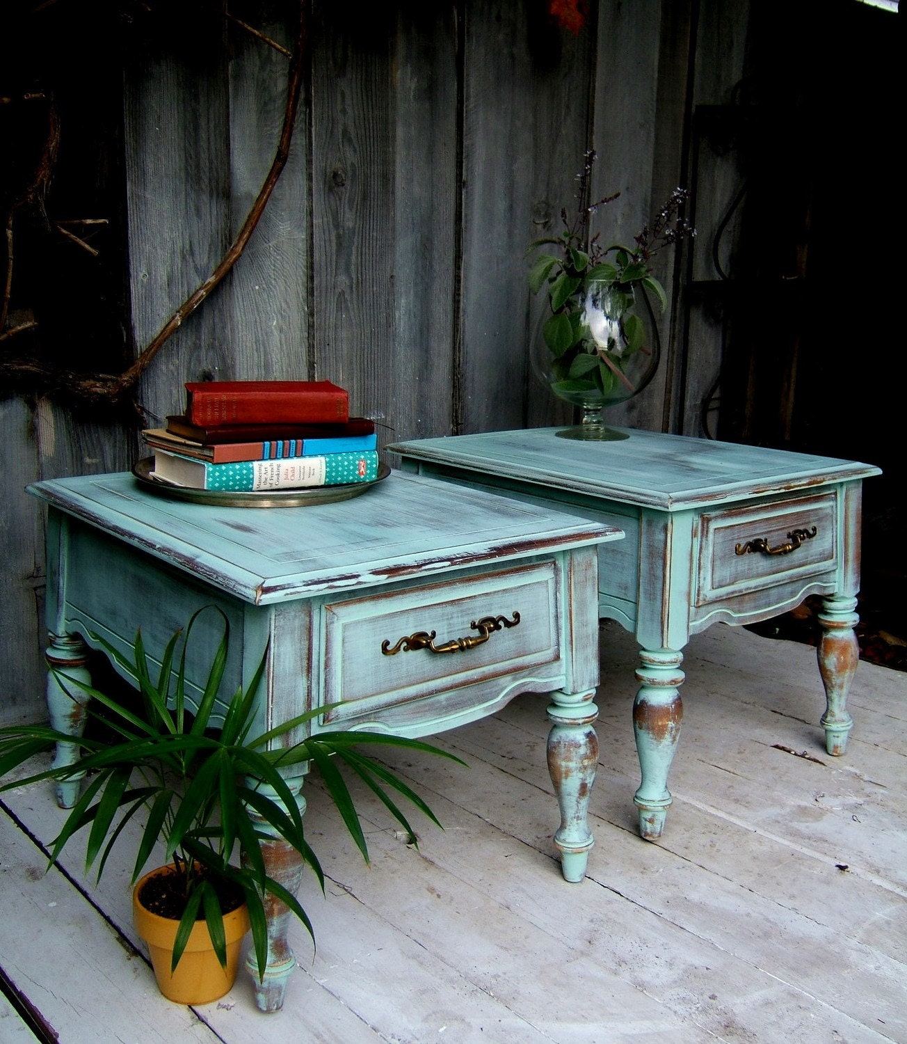 Set of Matching End Tables in a Blue Mint Wash