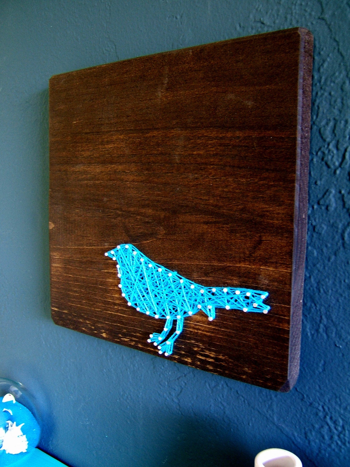 Modern String Art Wooden Tablet - Blue Bird on Jacobean