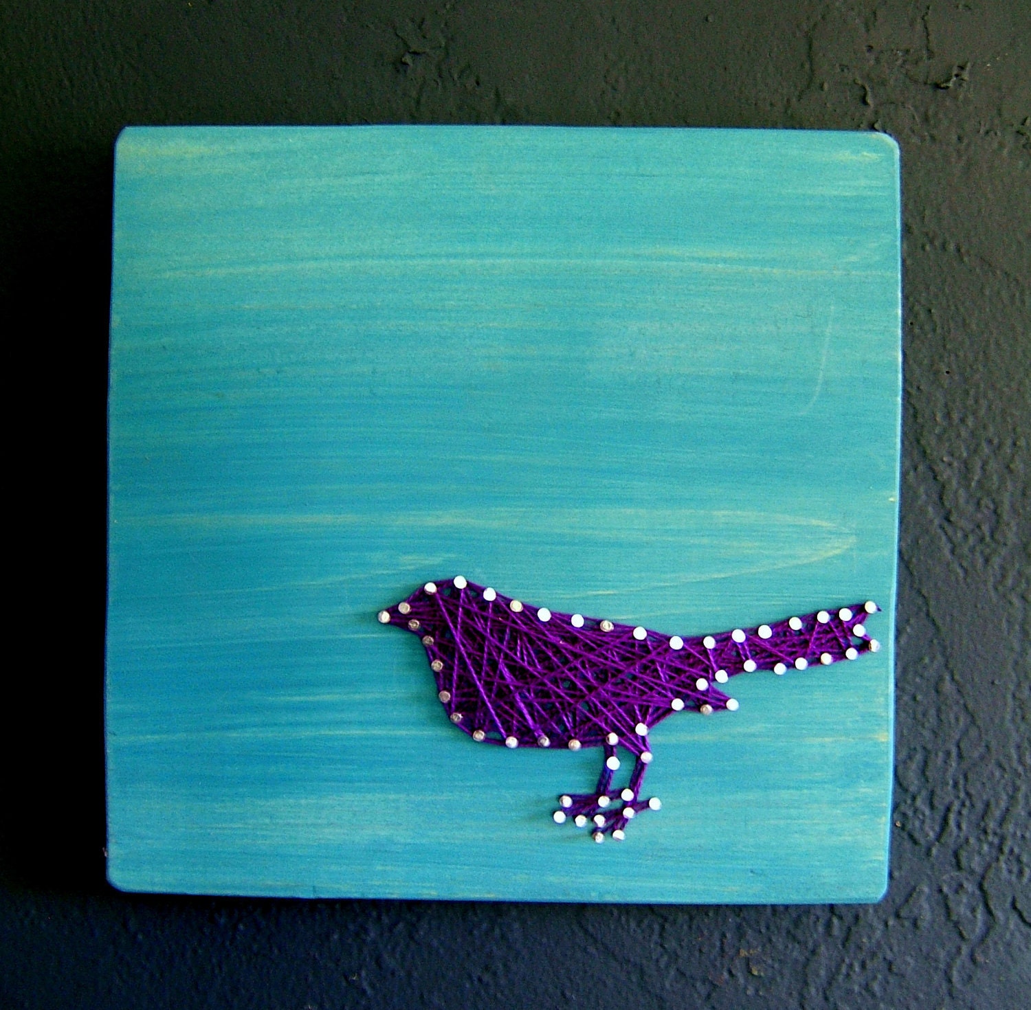 Modern String Art Wooden Tablet - Purple Bird on Teal Wash