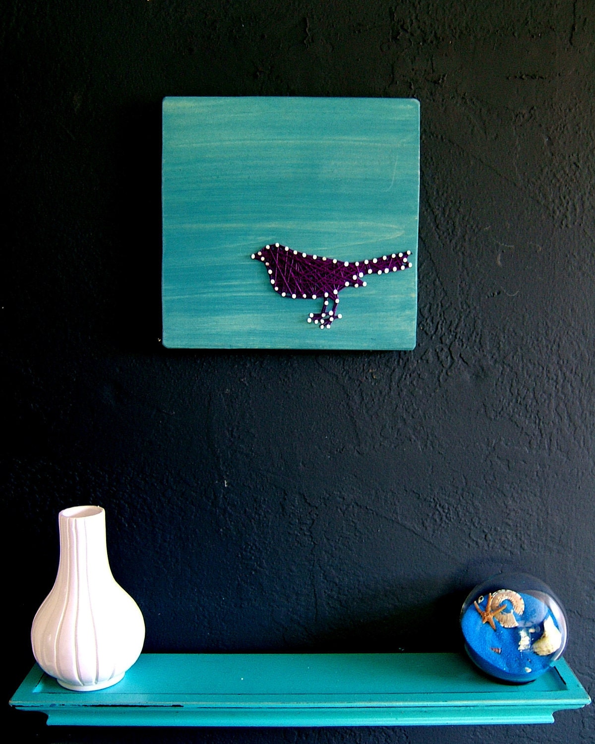 Modern String Art Wooden Tablet - Purple Bird on Teal Wash