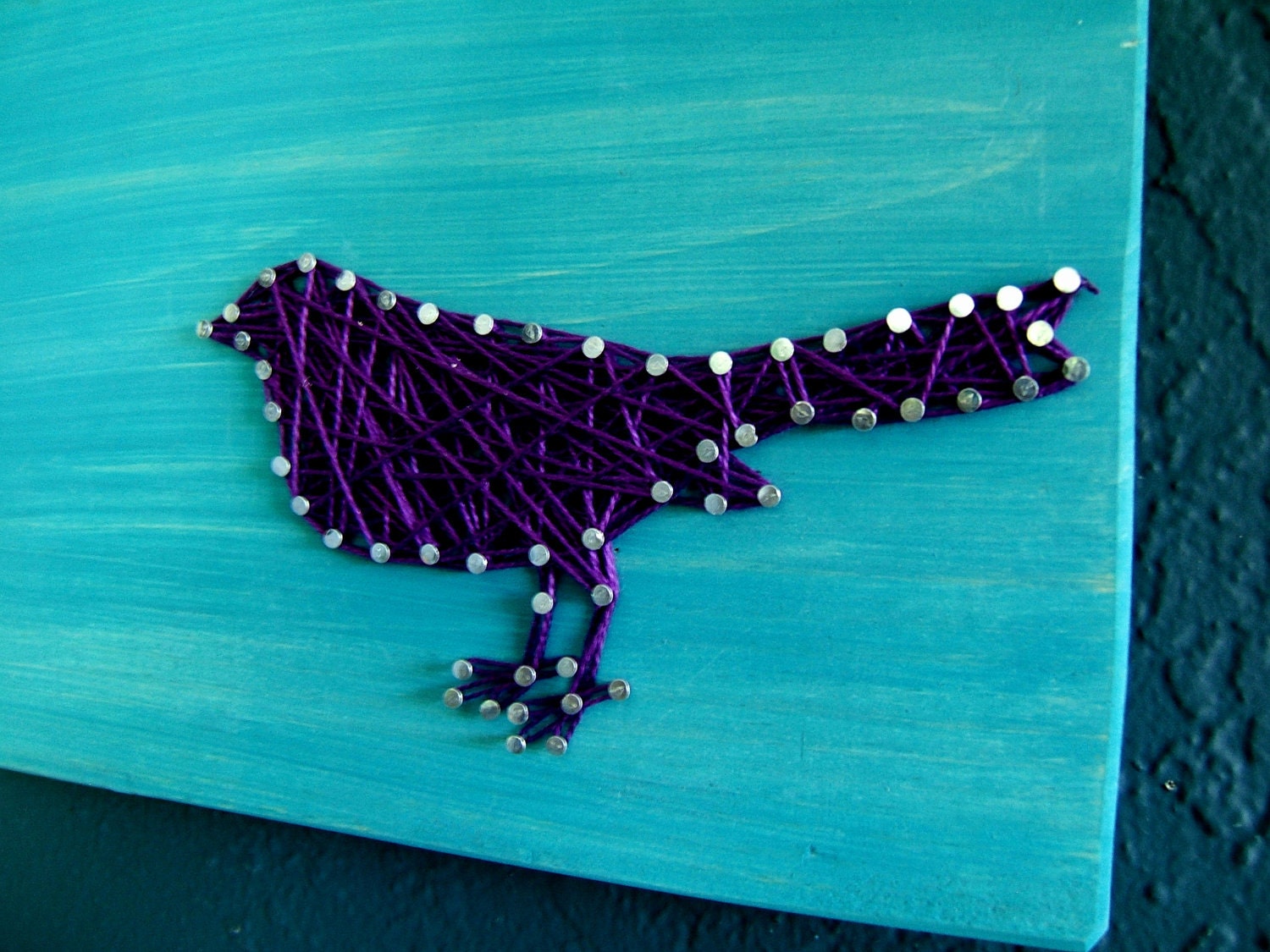 Modern String Art Wooden Tablet - Purple Bird on Teal Wash