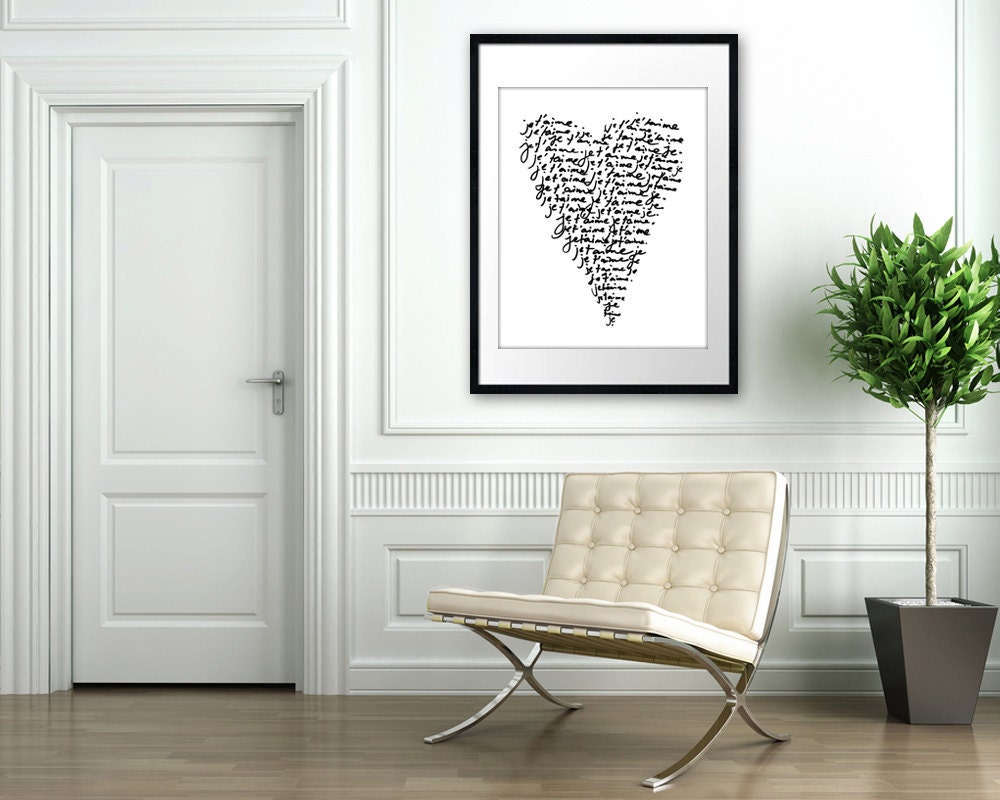 Je Taime - 16x20 on A2 French Typography Art Poster (in White and Black)