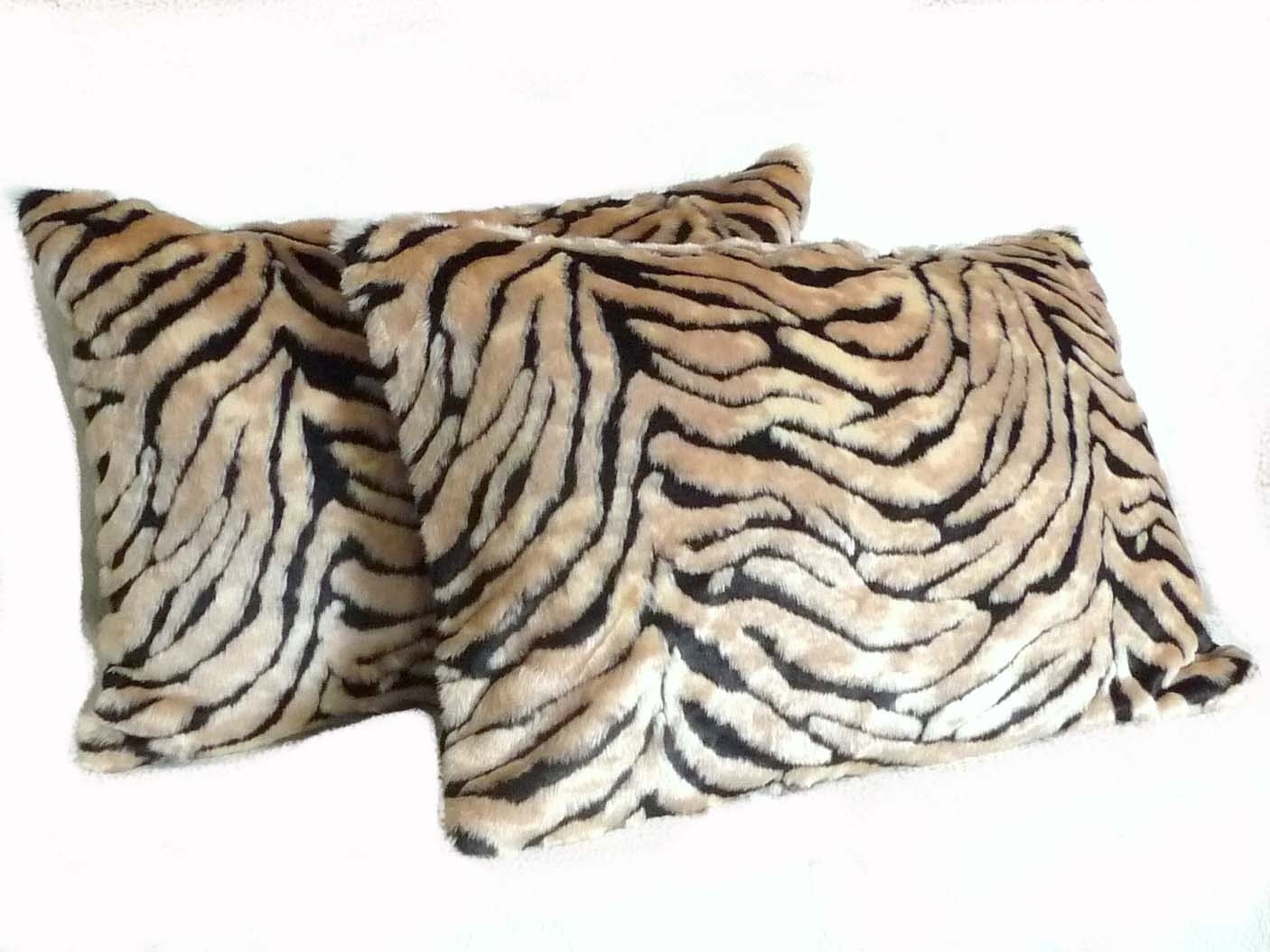 LUXURY Bengal Tiger Pillow Shams, Faux Fur, Decorative Bed Cushions, Set of 2, Exotic, Rich Silky Texture, Accent Pillows, Black Tan  20x30