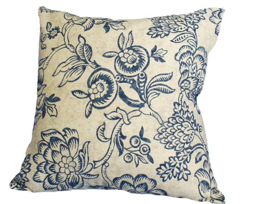 Floral Pillow, Decorative Throw Pillows, Navy Blue Taupe, Accent, Cushion Covers, Jacobean, French Country Home Decor, 18x18