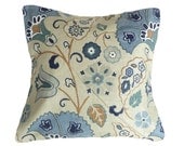 Blue Taupe Decorative Pillows, Pennsylvania Dutch Toss Throw Cushion Cover, Country Chic, Cottage Decor, Folk Art, 18x18,