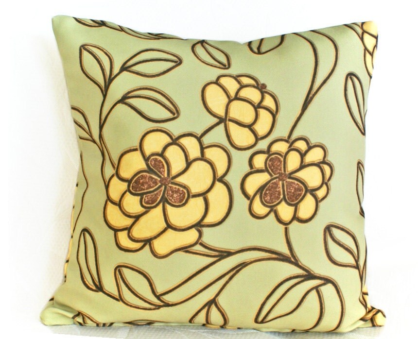 Mod Pillows, Green Yellow Decorative Throw Cushion, Modern, Retro Pillow Cover, Floral, Flowers, Sofa, Accent Pillow, Home Decor 18x18