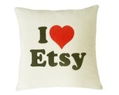 Etsy Shopaholic Shopper Gift Pillow, I Love ETSY Throw Pillow, Cream Black and Red Heart, Fun Accent Cushion, Unique Eclectic Decor 18x18