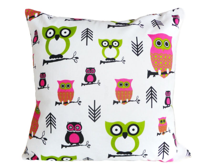 Whimsical OWL Pillow, Childrens Throw Pillows, Kids Cushion Covers, White Pink Green, Girls Cute Bedding Accents 18x18