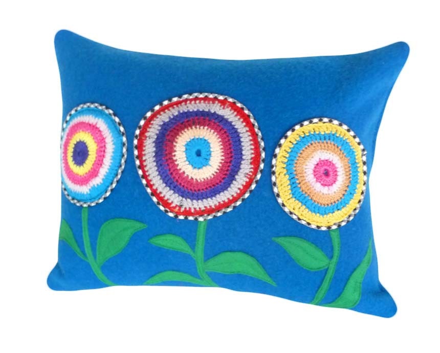 Boho Chic Blue Accent Pillow, Eco Friendly, Colorful Flower Toss Cushion, Repurposed Wool Blanket, Appliqued Crocheted Flower, 14x18