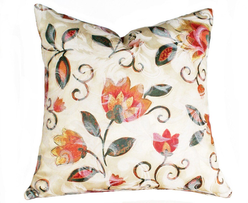 Floral Pillows, Bright, Bohemian, Decorative Throw Pillow, Cream Orange Pink Yellow, Eclectic, Cushion Cover, Spring Home Decor 18x18